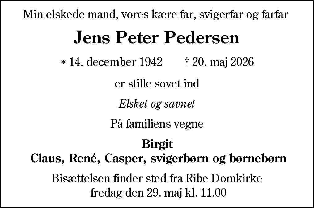 Dødsannonce for Jens Peter Pedersen