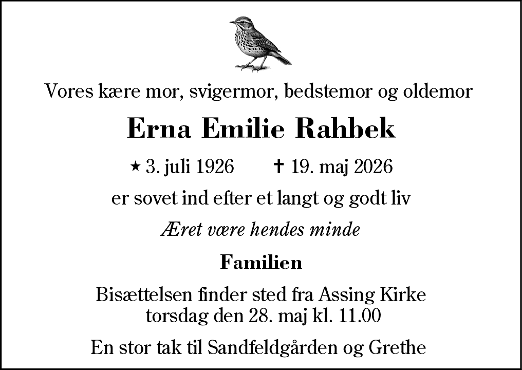Dødsannonce for Erna Emilie Rahbek