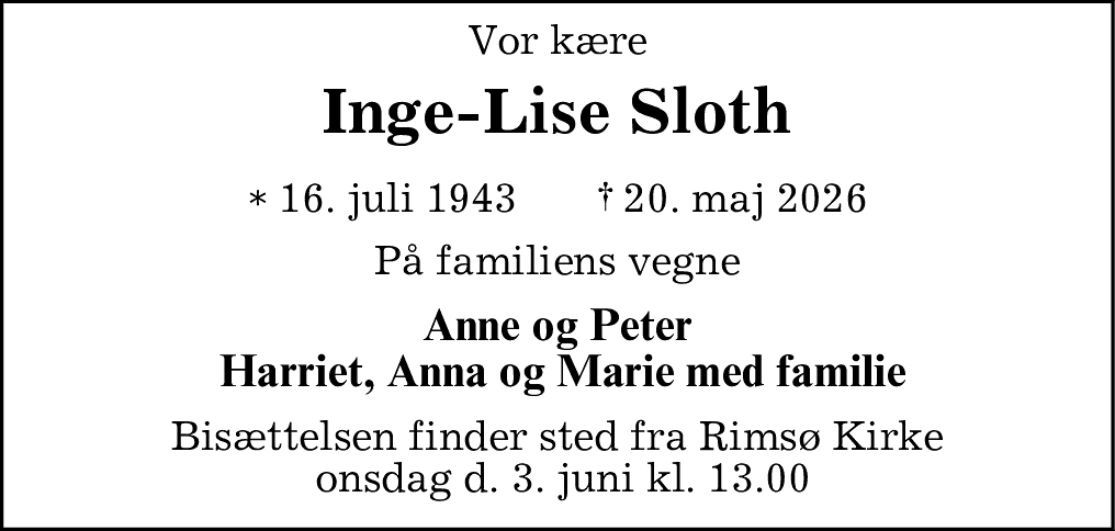 Dødsannonce for Inge-Lise Sloth