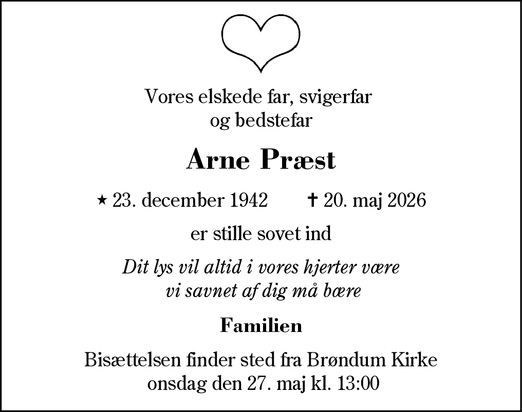 Dødsannonce for Arne  Præst