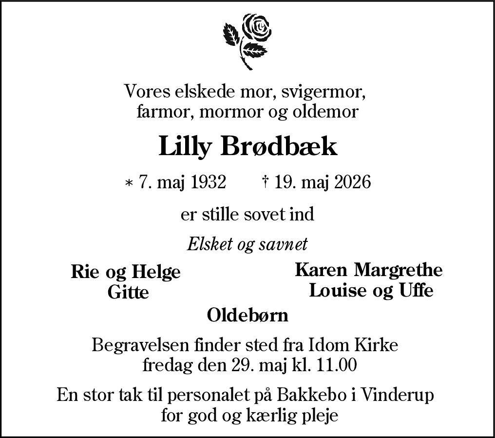 Dødsannonce for Lilly Brødbæk