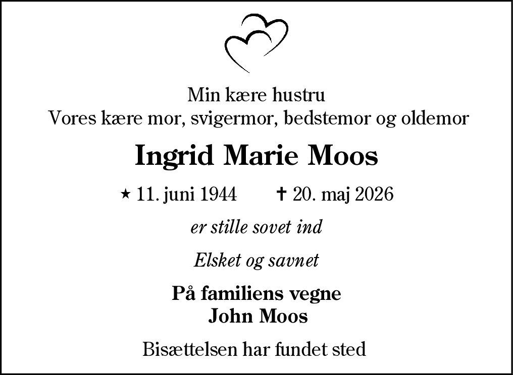 Dødsannonce for Ingrid Marie Moos