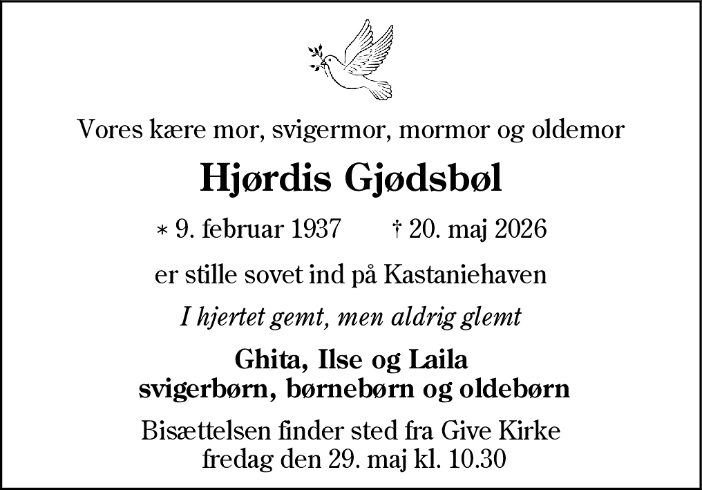 Dødsannonce for Hjørdis Gjødsbøl