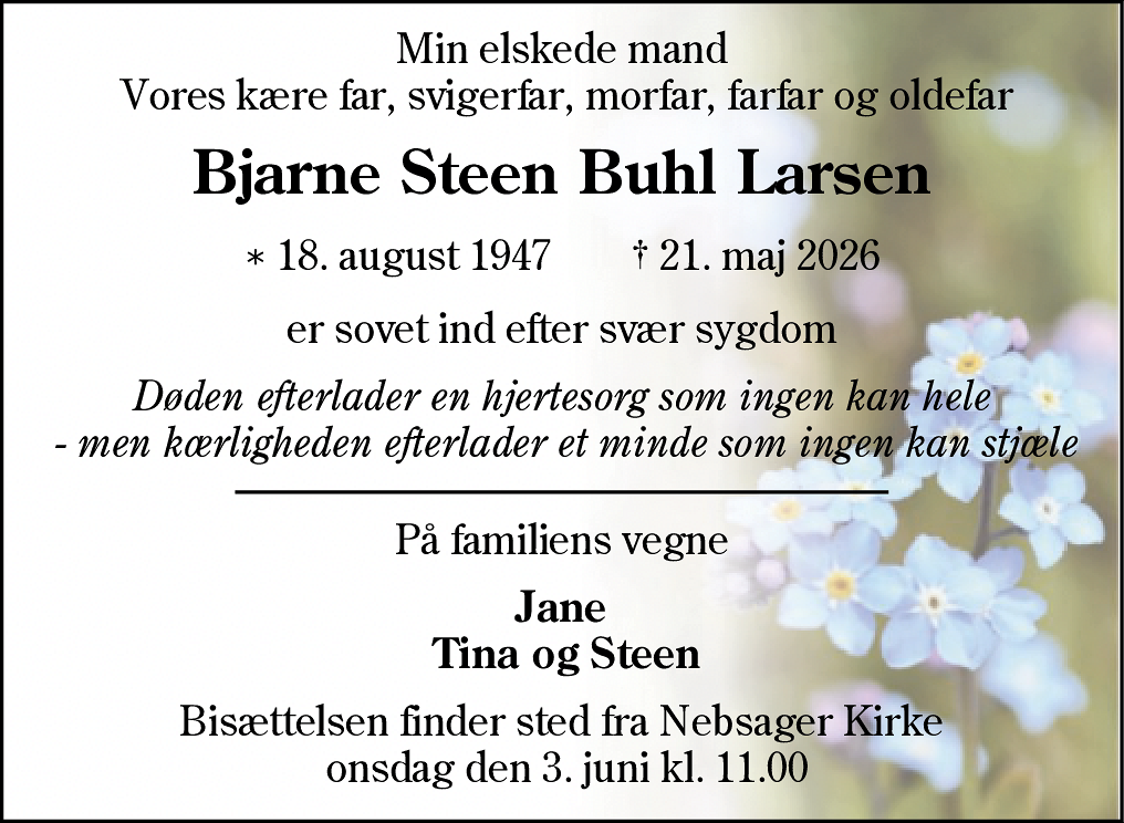 Dødsannonce for Bjarne Steen Buhl Larsen