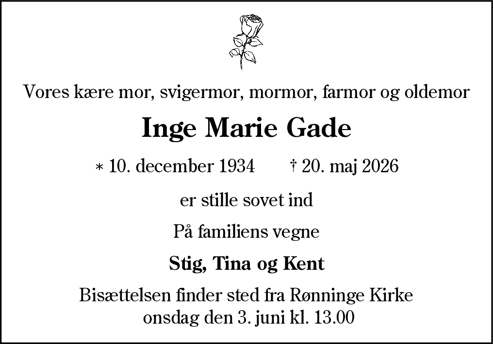 Dødsannonce for Inge Marie Gade
