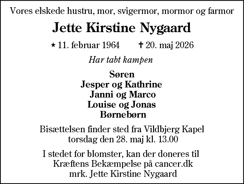 Dødsannonce for Jette Kirstine Nygaard