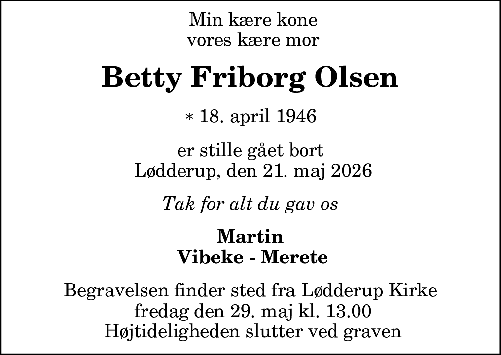 Dødsannonce for Betty Friborg Olsen