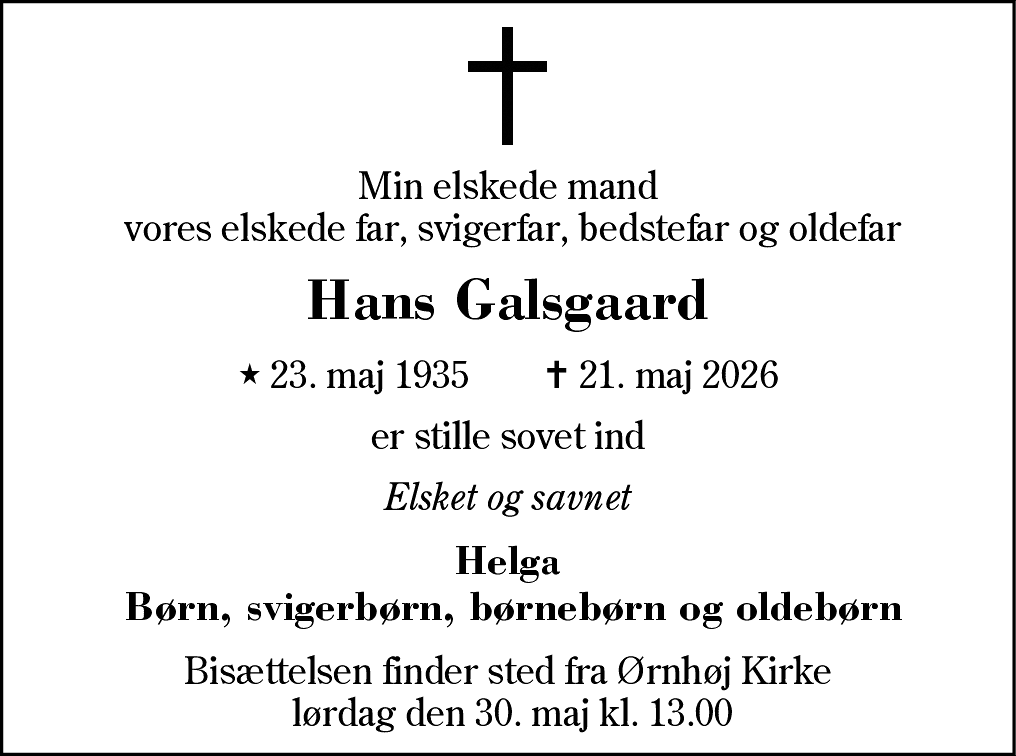 Dødsannonce for Hans Galsgaard