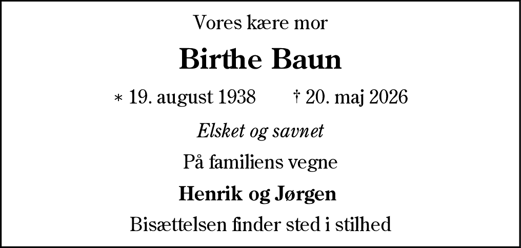 Dødsannonce for Birthe Baun