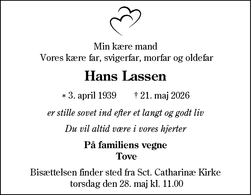 Dødsannonce for Hans Lassen