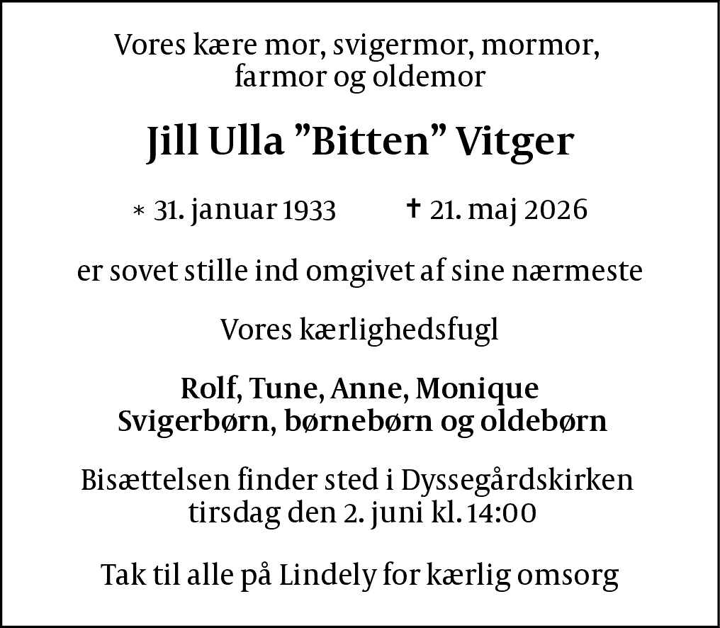 Dødsannonce for Jill Ulla Vitger