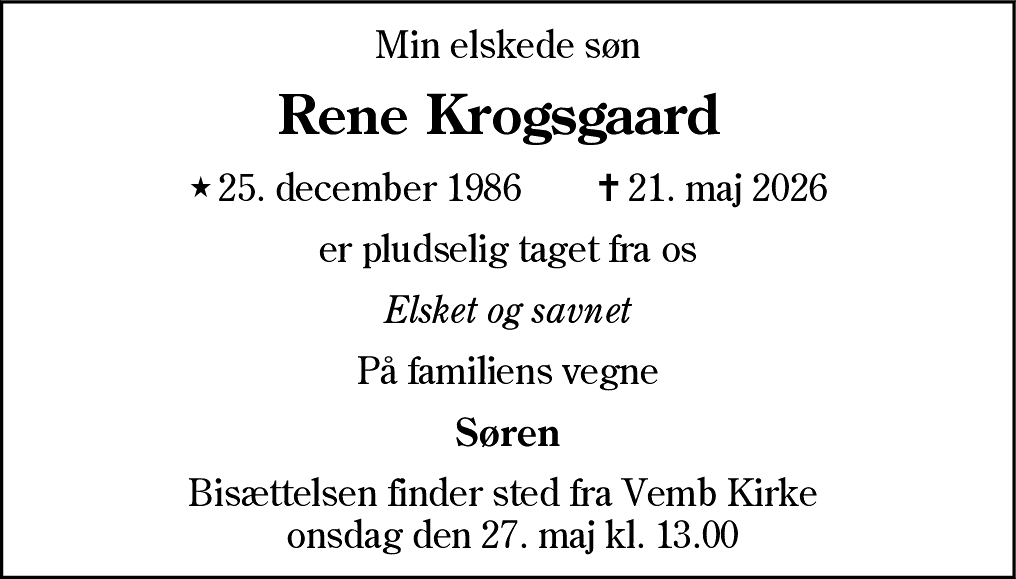 Dødsannonce for Rene Krogsgaard