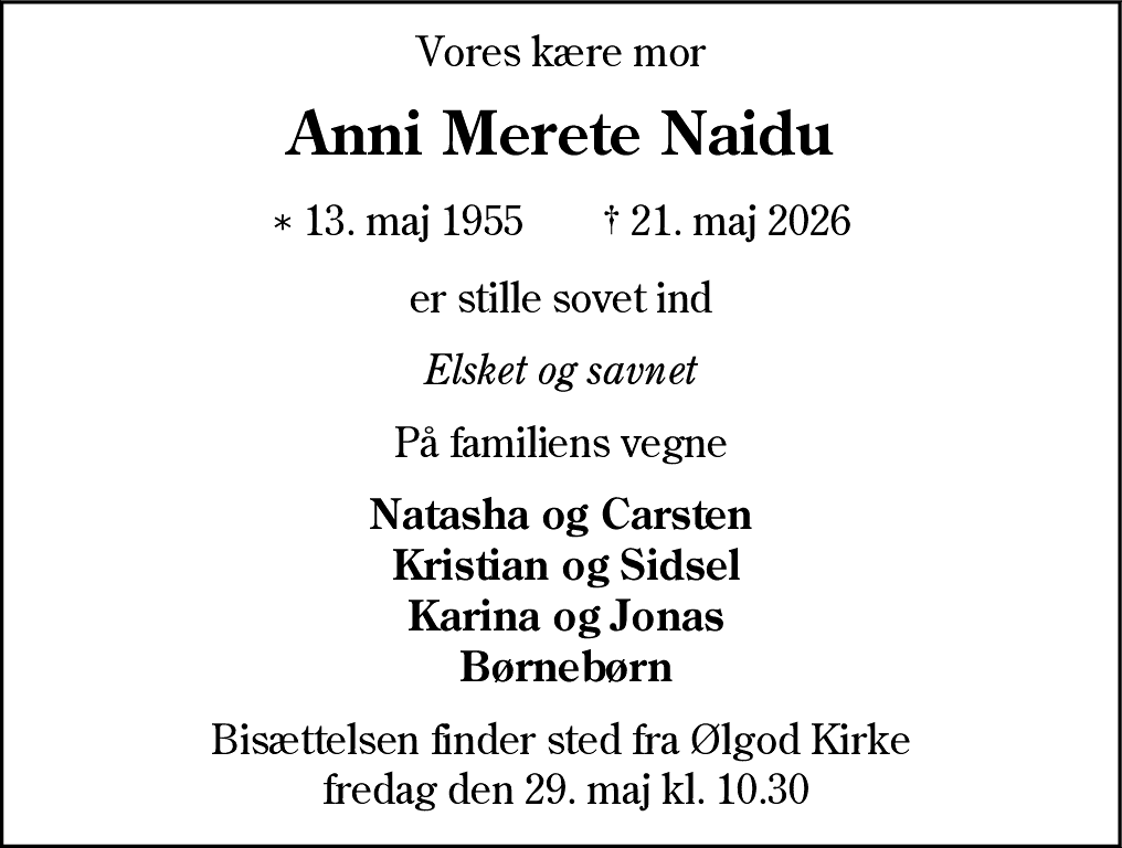 Dødsannonce for Anni Merete Naidu