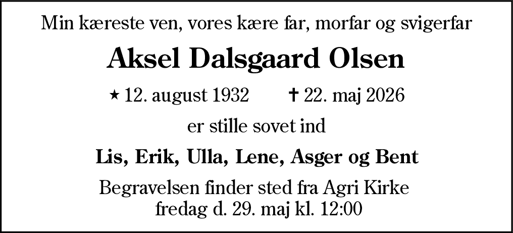 Dødsannonce for Aksel Dalsgård Olsen