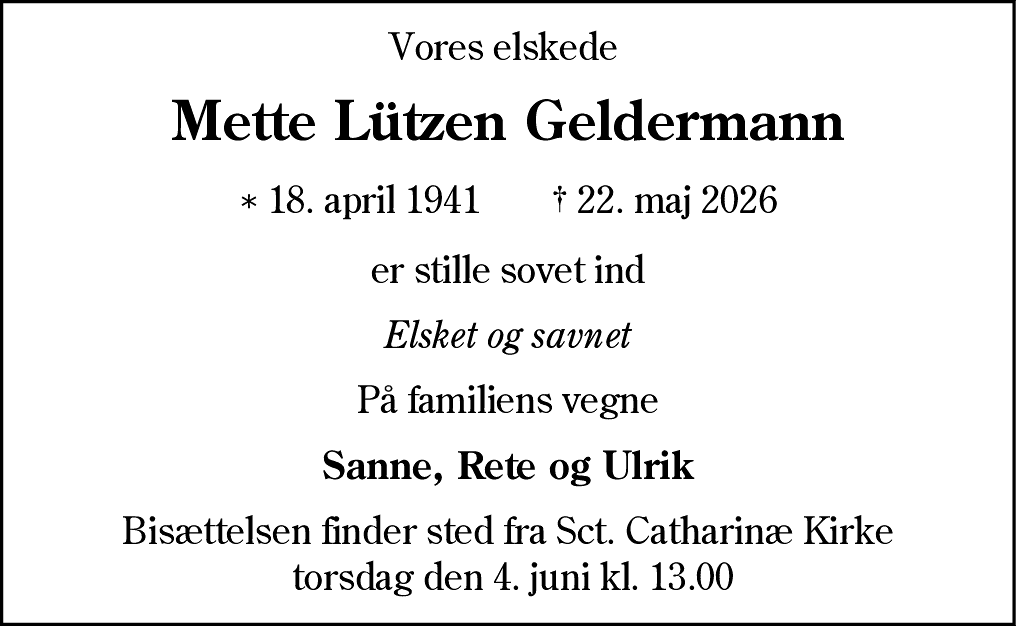 Dødsannonce for Mette Geldermann