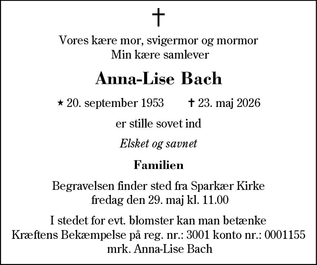 Dødsannonce for Anna-Lise Bach