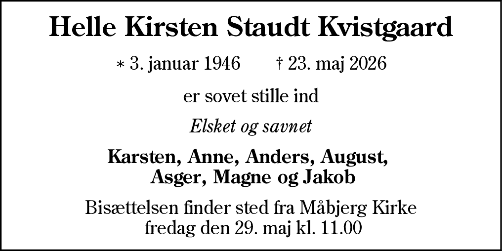 Dødsannonce for Helle Kirsten Staudt Kvistgaard