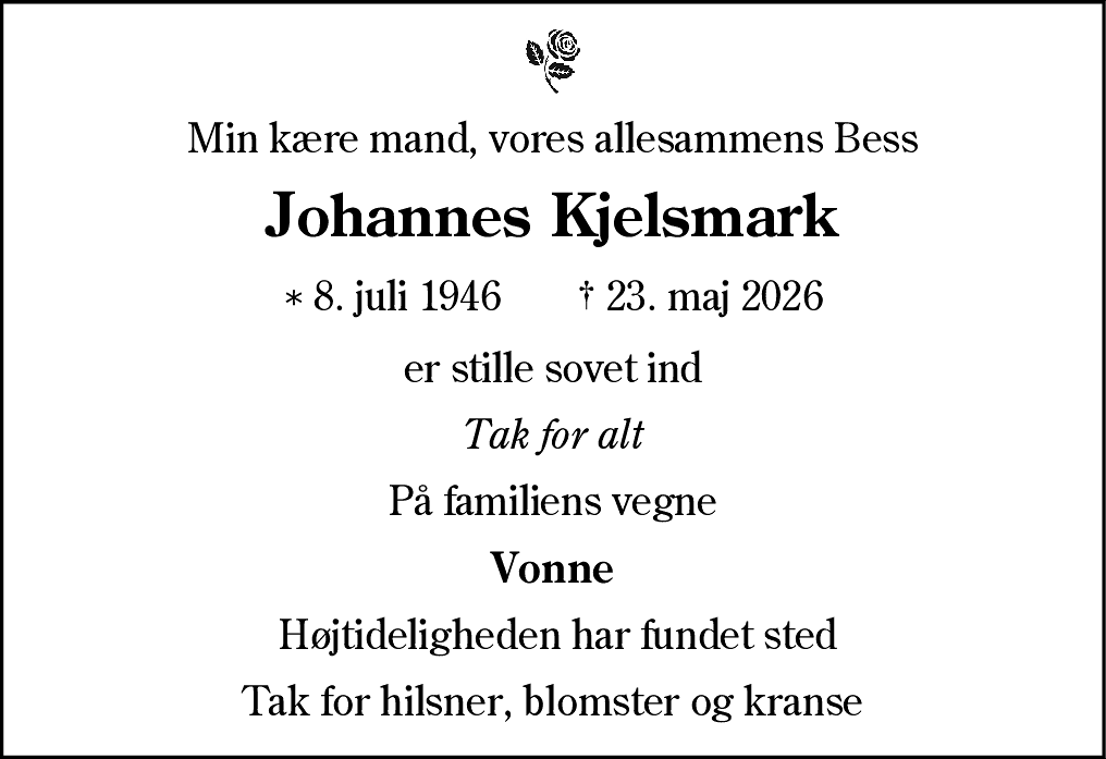 Dødsannonce for Johannes Kjelsmark
