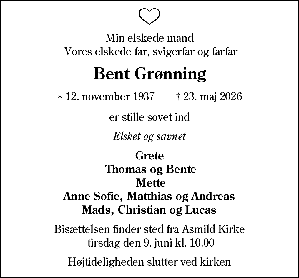 Dødsannonce for Bent Grønning