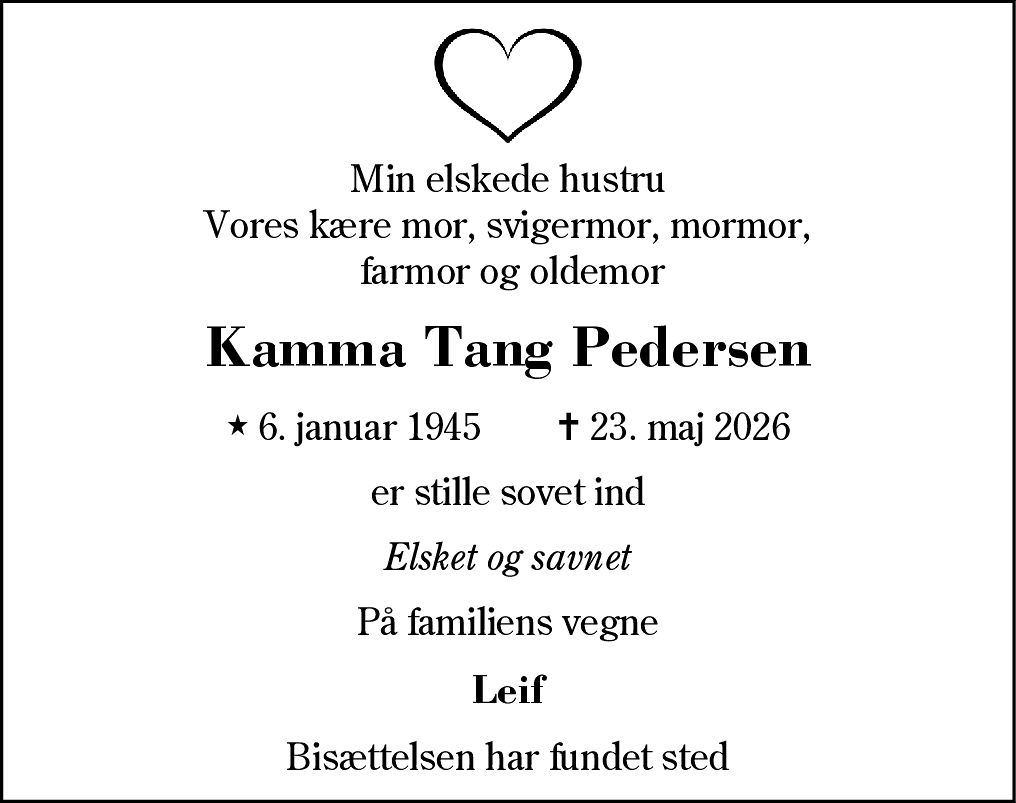 Dødsannonce for Kamma Tang Pedersen
