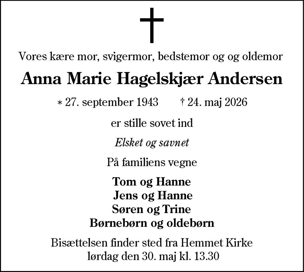 Dødsannonce for Anna Marie Hagelskær Andersen
