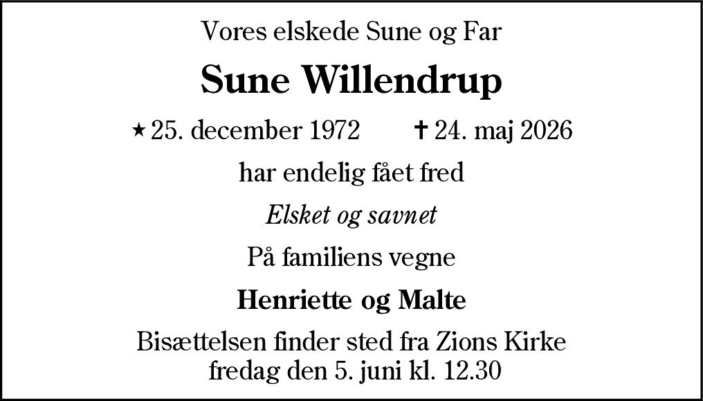 Dødsannonce for Sune Willendrup
