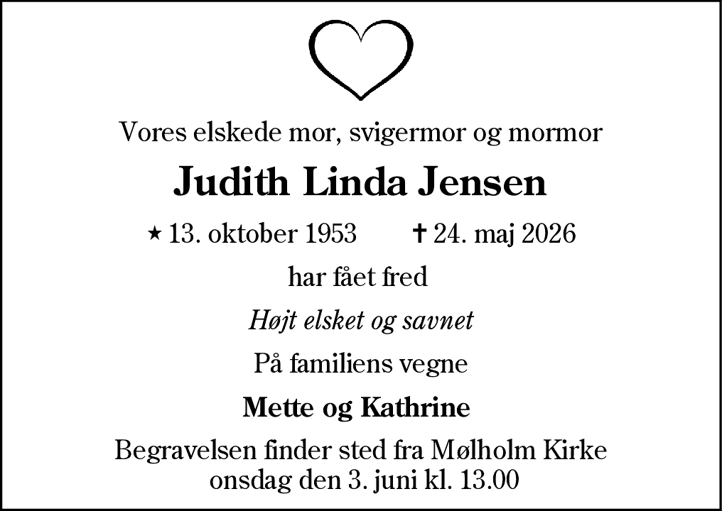 Dødsannonce for Judith Linda Jensen