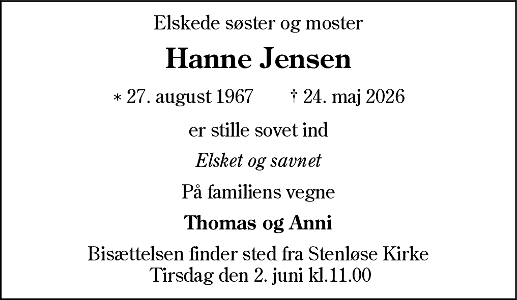 Dødsannonce for Hanne Jensen