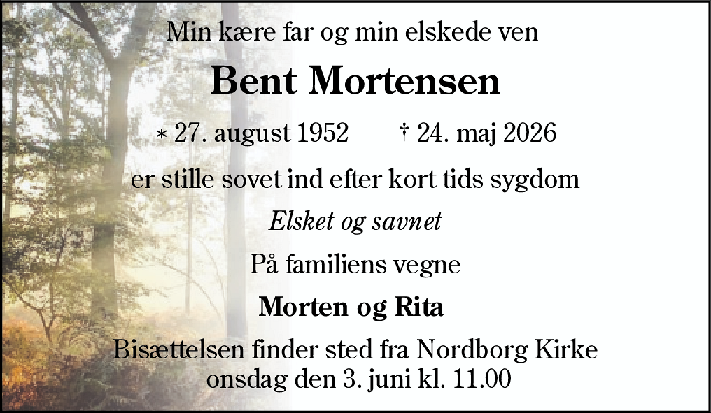 Dødsannonce for Bent Mortensen
