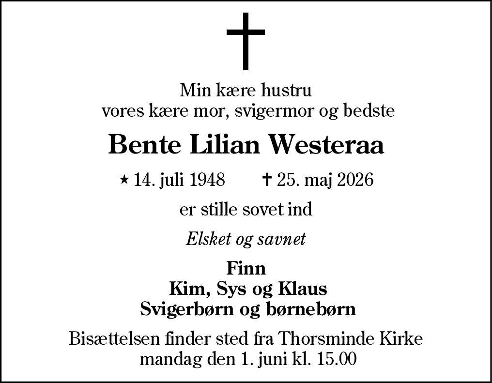 Dødsannonce for Bente Lilian Westeraa