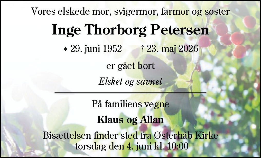 Dødsannonce for Inge Thorborg Petersen