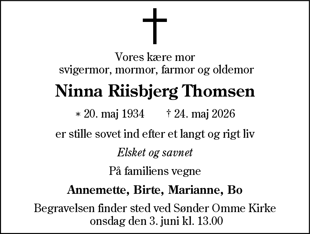 Dødsannonce for Ninna Riisbjerg Thomsen