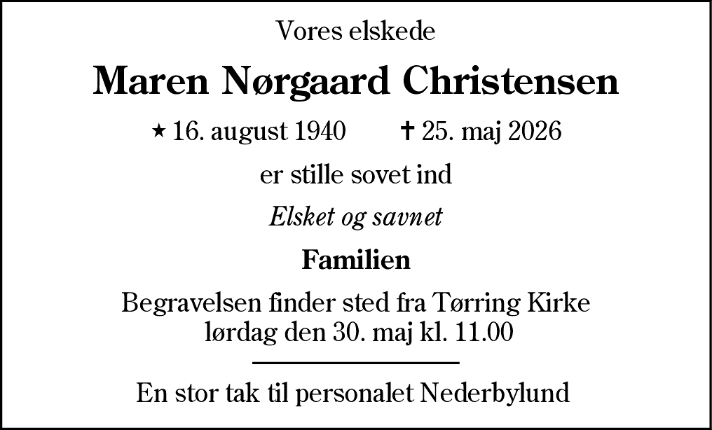 Dødsannonce for Maren Nørgaard Christensen