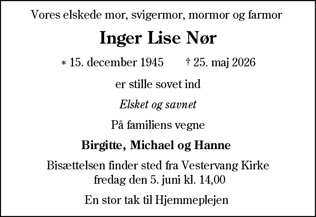 Dødsannonce for Inger Lise Nør