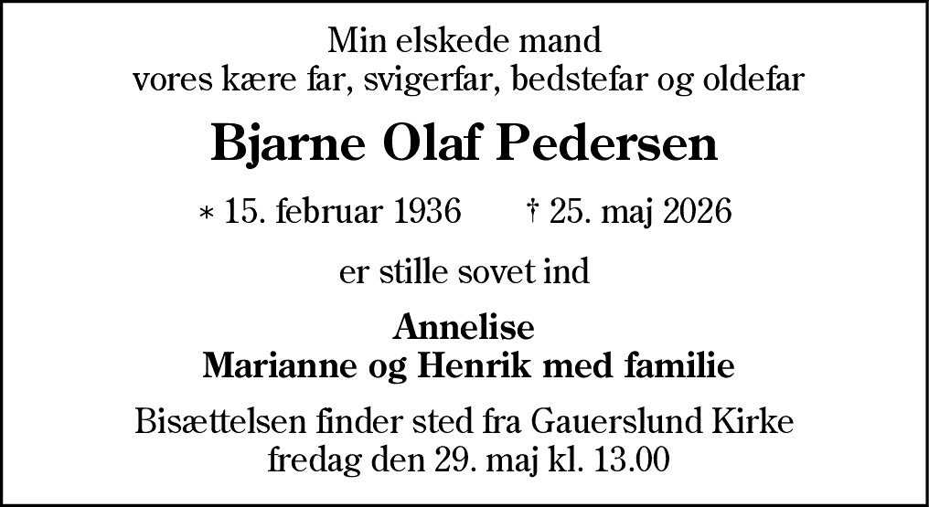Dødsannonce for Bjarne Olaf Pedersen