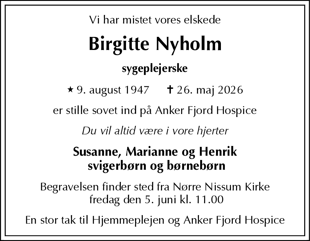 Dødsannonce for Birgitte Nyholm