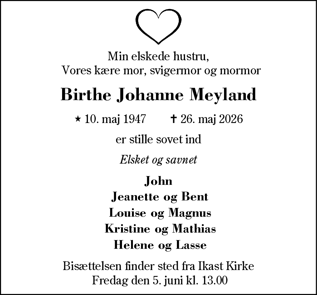 Dødsannonce for Birthe Johanne Meyland
