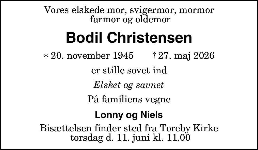 Dødsannonce for Bodil Marie Sofie Kathrine Christensen