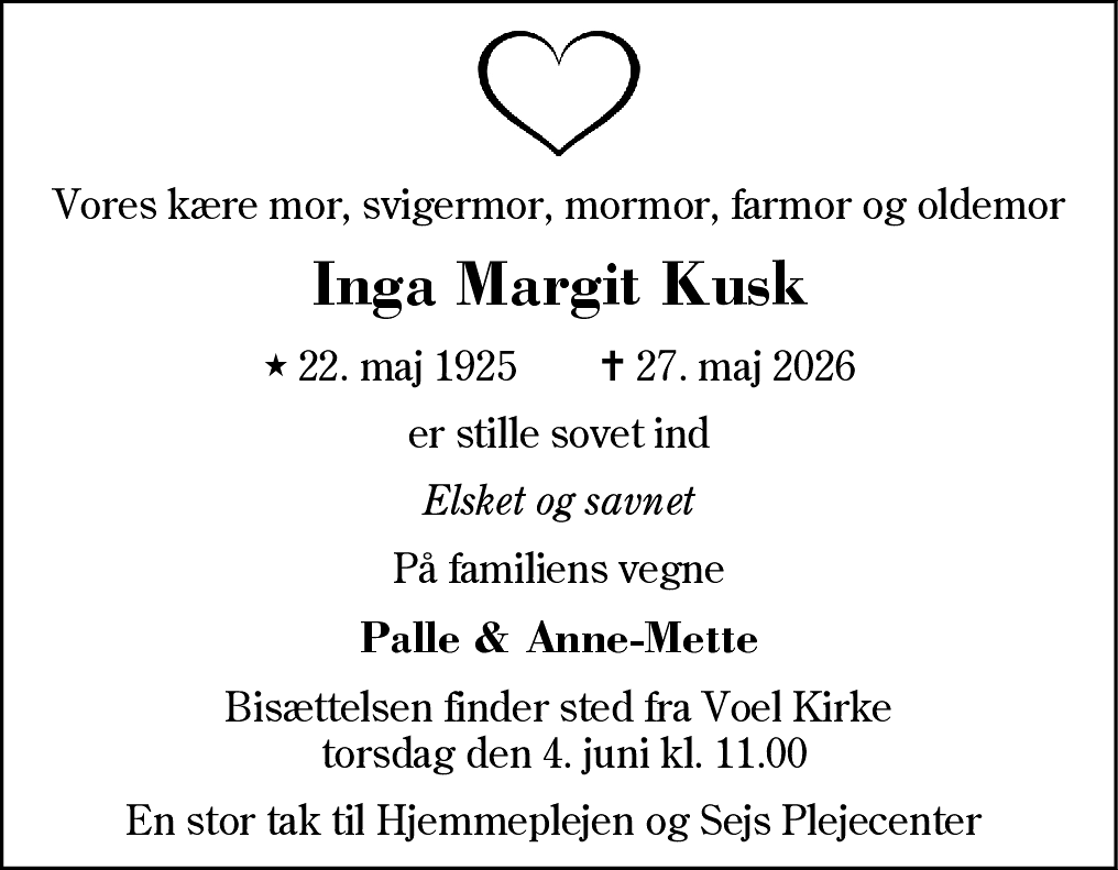 Dødsannonce for Inga Margit Kusk