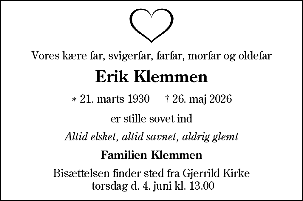 Dødsannonce for Erik Klemmen