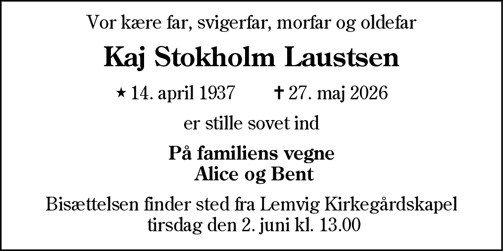 Dødsannonce for Kaj Stokholm Laustsen