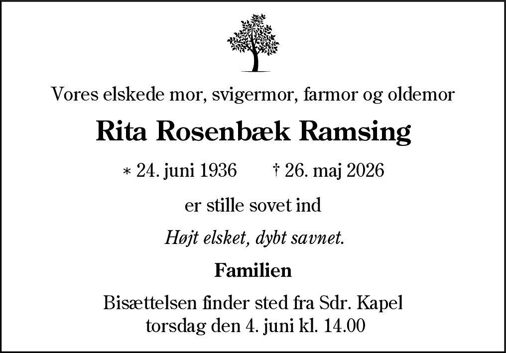 Dødsannonce for Rita Rosenbæk Ramsing