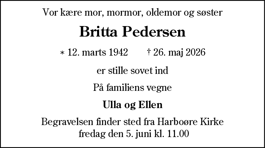 Dødsannonce for Britta Pedersen