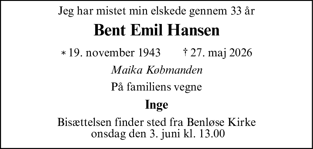 Dødsannonce for Bent Emil Hansen