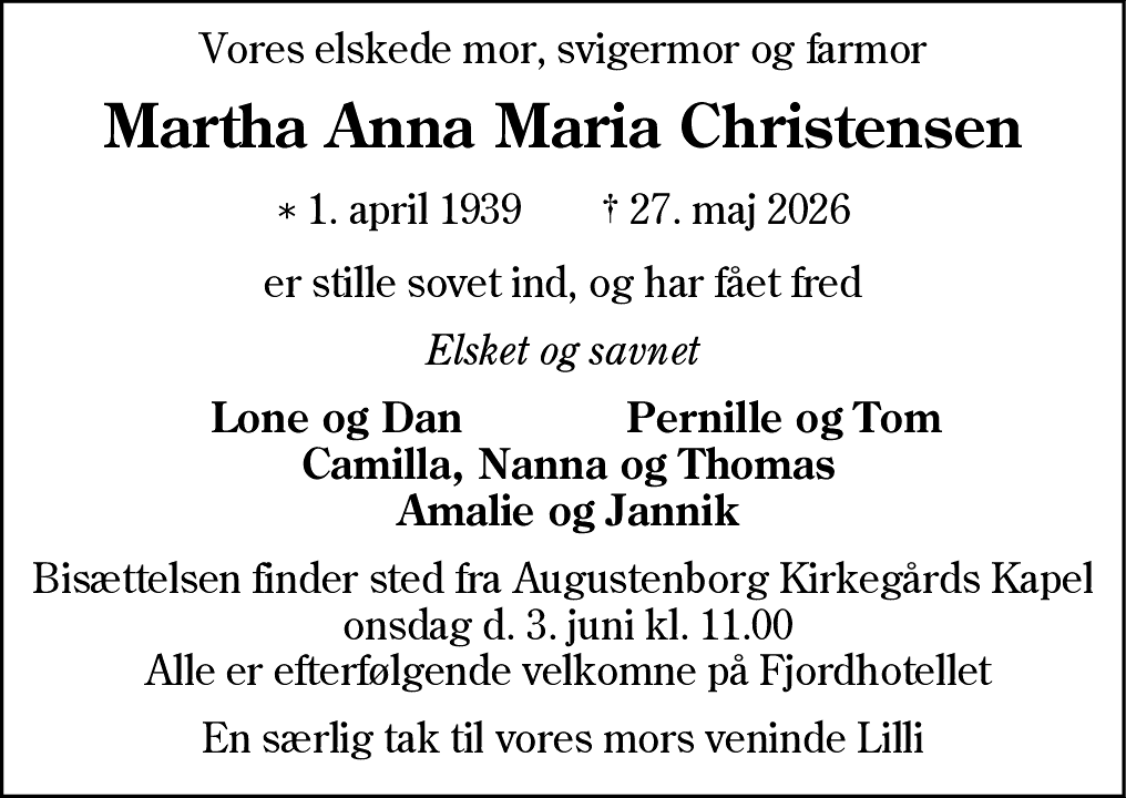 Dødsannonce for Martha Anna Maria Christensen