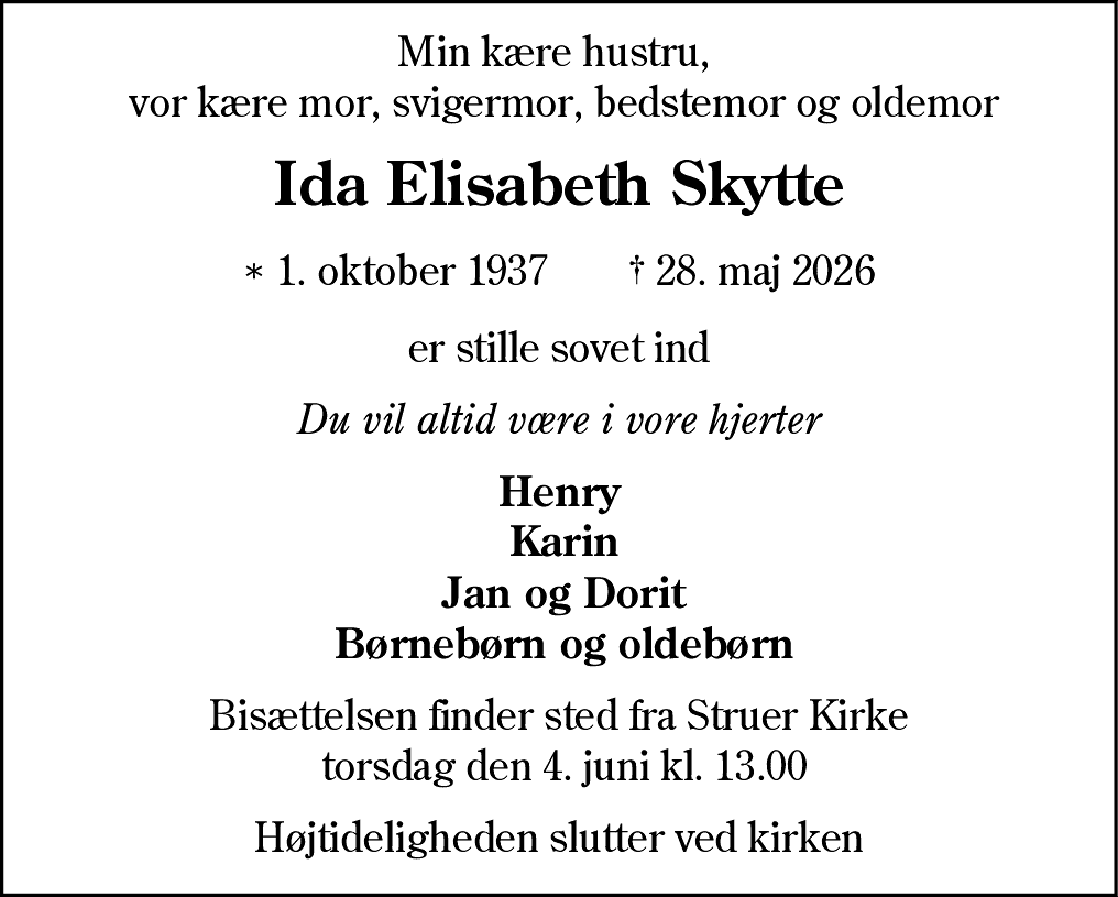 Dødsannonce for Ida Elisabeth Skytte