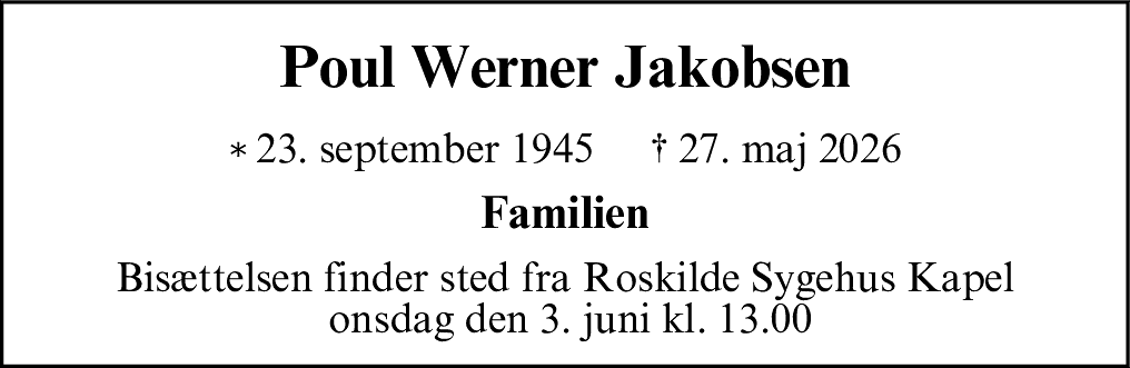 Dødsannonce for Poul Werner Jakobsen