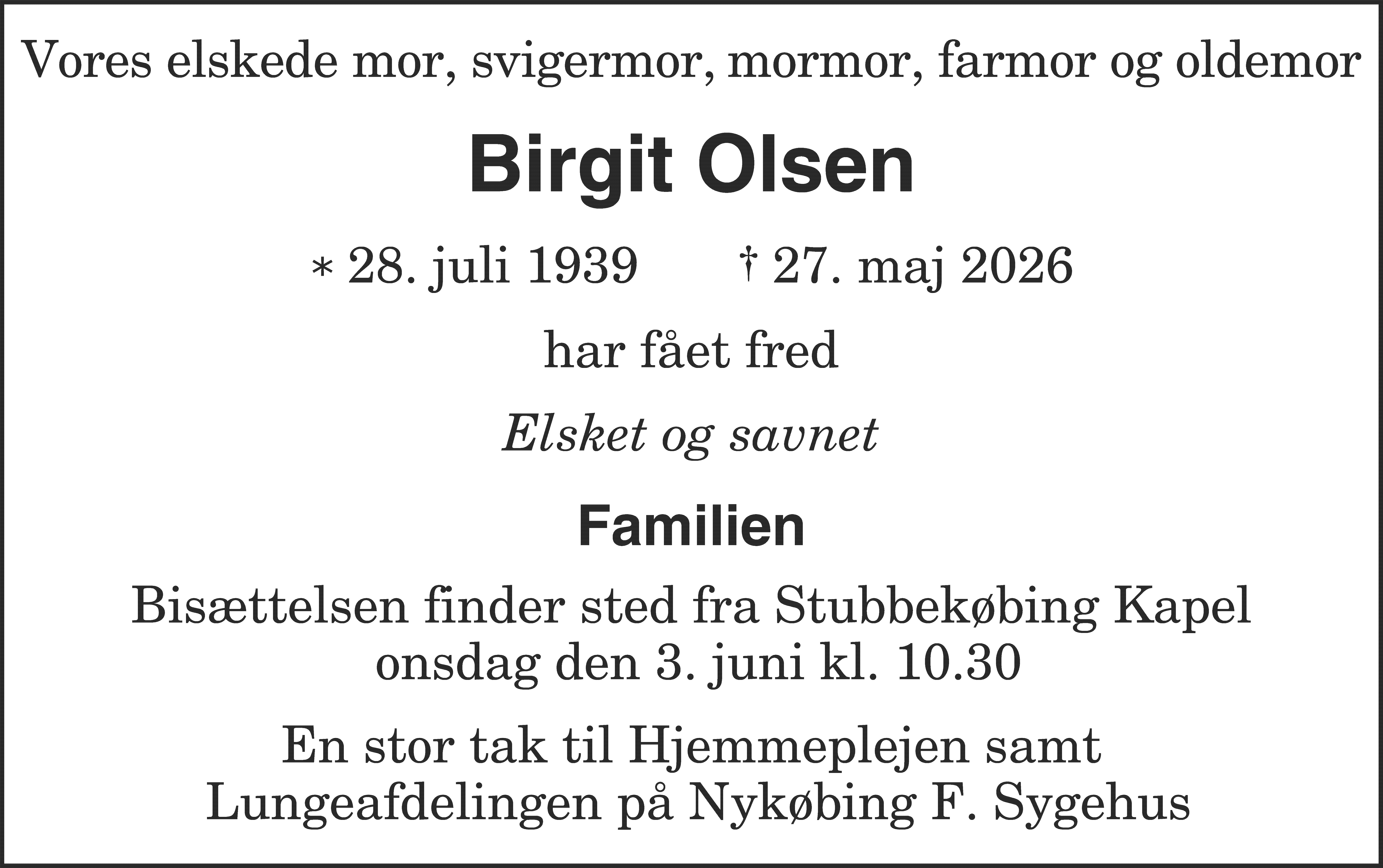 Dødsannonce for Birgit Olsen