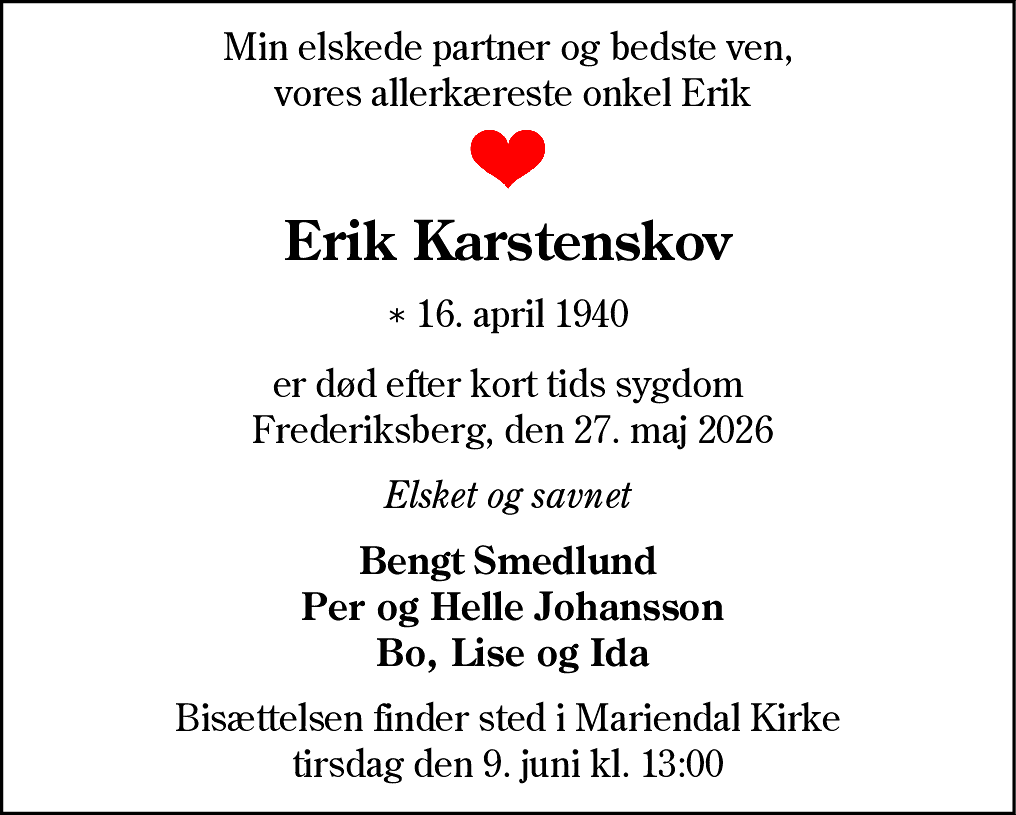 Dødsannonce for Erik Karstenskov