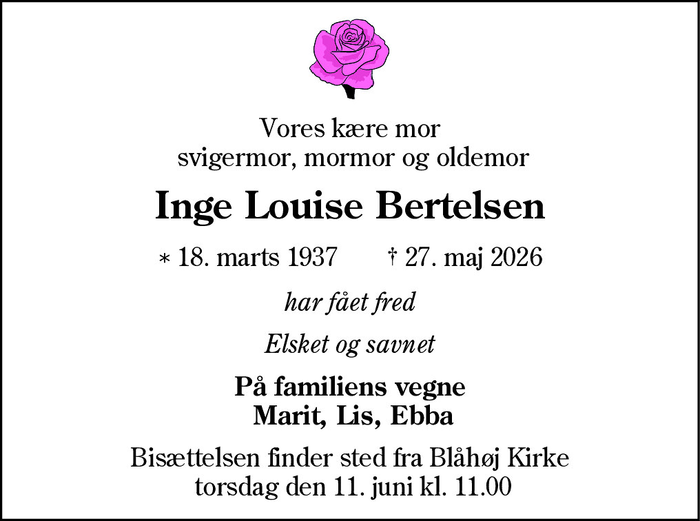 Dødsannonce for Inge Louise Bertelsen